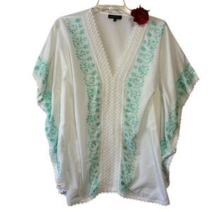 spiaggia dolce L/XL EMB Cotton Swim Cover up poncho cape wht mint green crochet